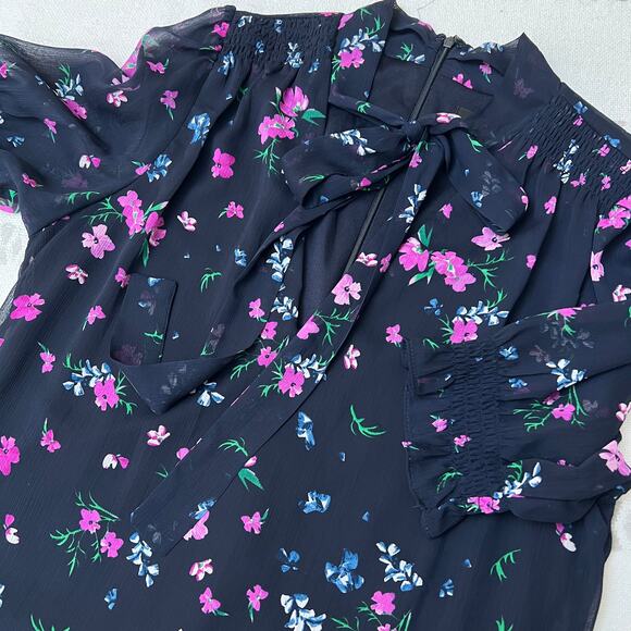 DKNY Navy Blue Floral Chiffon Bow Neckline Knee Length Shift Dress Women's 10 - Picture 6 of 9